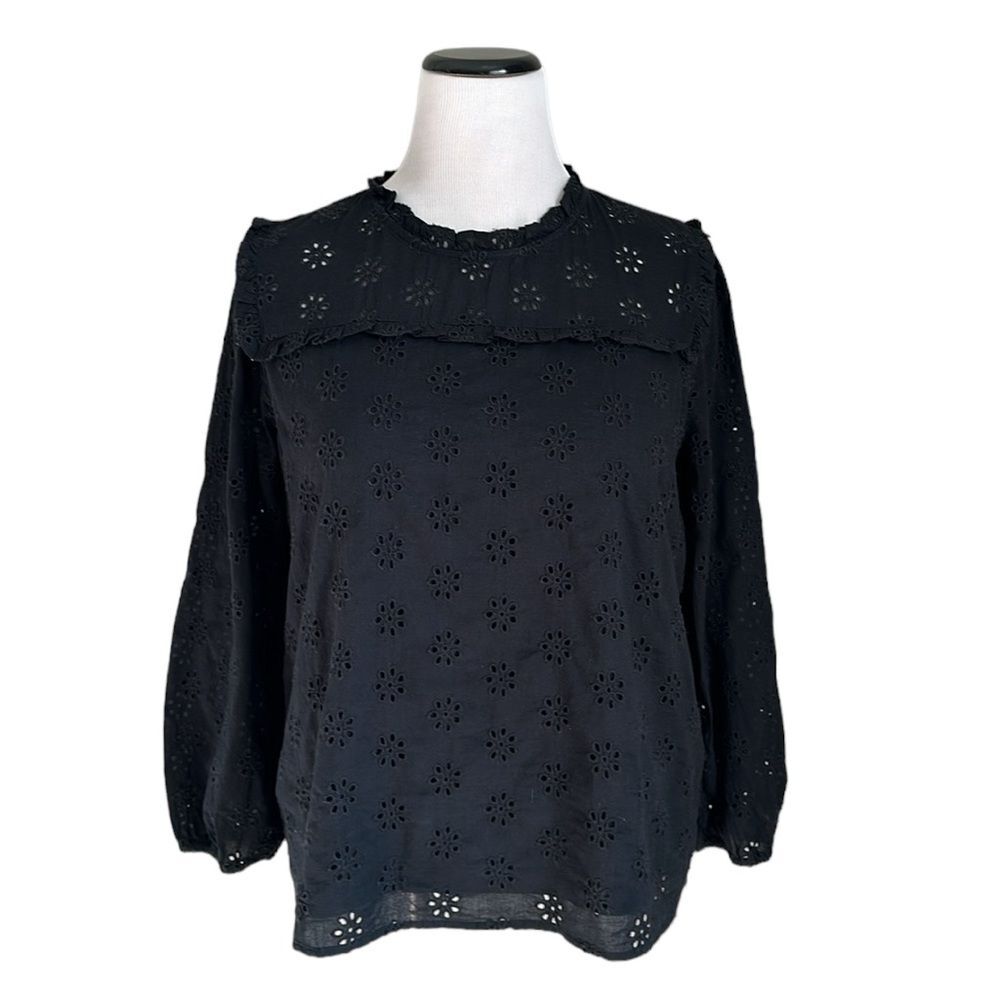 J. Crew High Neck Eyelet Cotton Blouse Lined Ruffled Neckline Elastic Sleeves M